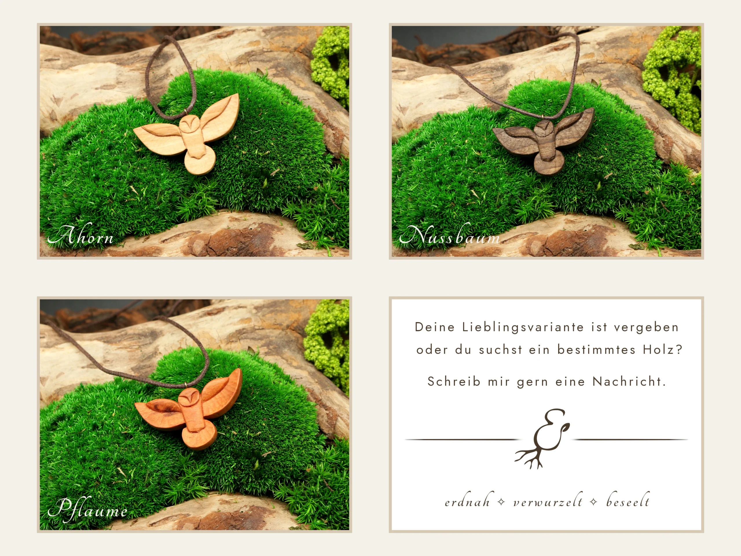 Handgeschnitzte Eule Krafttier Holzanhänger • individueller Holzschmuck Eule als Krafttier Amulett und schamanische Kette – Bild 6